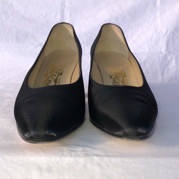 Salvatore Ferragamo “Boemia,” Black Silk Like Fabric, 2.75” Lucite Heel w/Lace - Picture 3 of 16